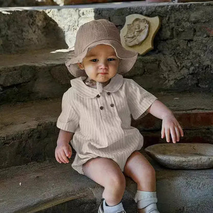 半袖ロンパース ベビーロンパース 半袖丸襟ボディスーツ 無地/ストライプ 2カラー【mh0006052】