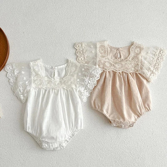 半袖ロンパース ベビーロンパース 半袖レーススリーブボディスーツ 2カラー【mh0006064】