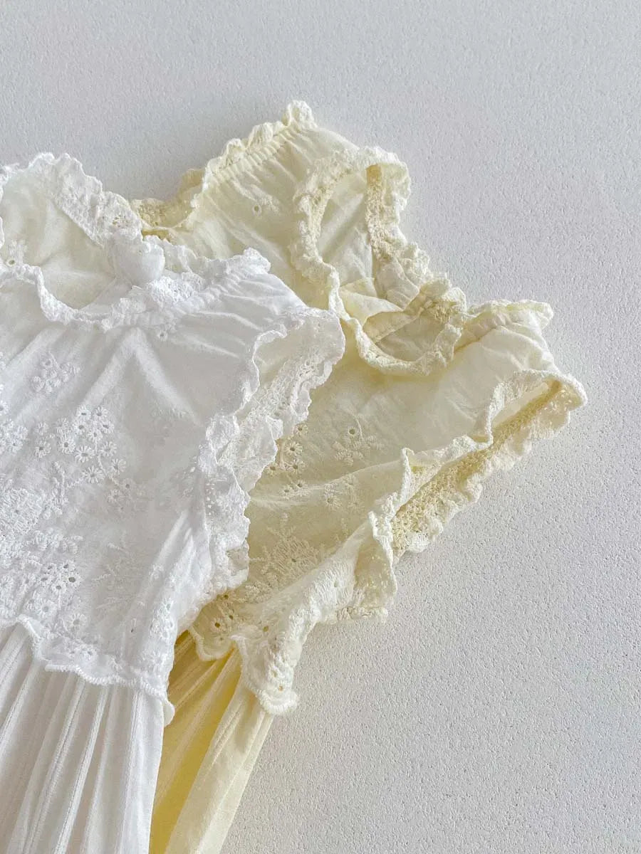 ノースリーブジャンプスーツ ベビーロンパース ノースリーブジャンプスーツ レースフリル 2カラー【mh0006065】