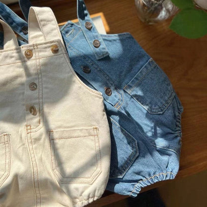 ノースリーブロンパース ベビーロンパース デニムオーバーオール サスペンダーボディスーツ フロントボタン 2カラー【mh0006070】