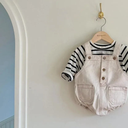 ノースリーブロンパース ベビーロンパース デニムオーバーオール サスペンダーボディスーツ フロントボタン 2カラー【mh0006070】