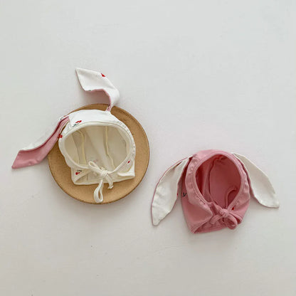 半袖ロンパース ベビーロンパース うさ耳帽子セット 半袖フリルカラーボディスーツ 耳付きボンネット チェリーさくらんぼプリント 2カラー【mh0006072】