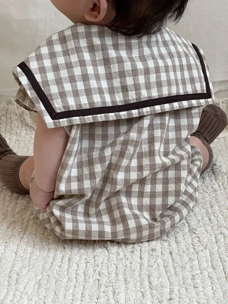 ノースリーブロンパース ベビーロンパース 帽子セット ノースリーブセーラーカラージャンプスーツ チェック/無地 チューリップハットセット 2カラー【mh0006078】