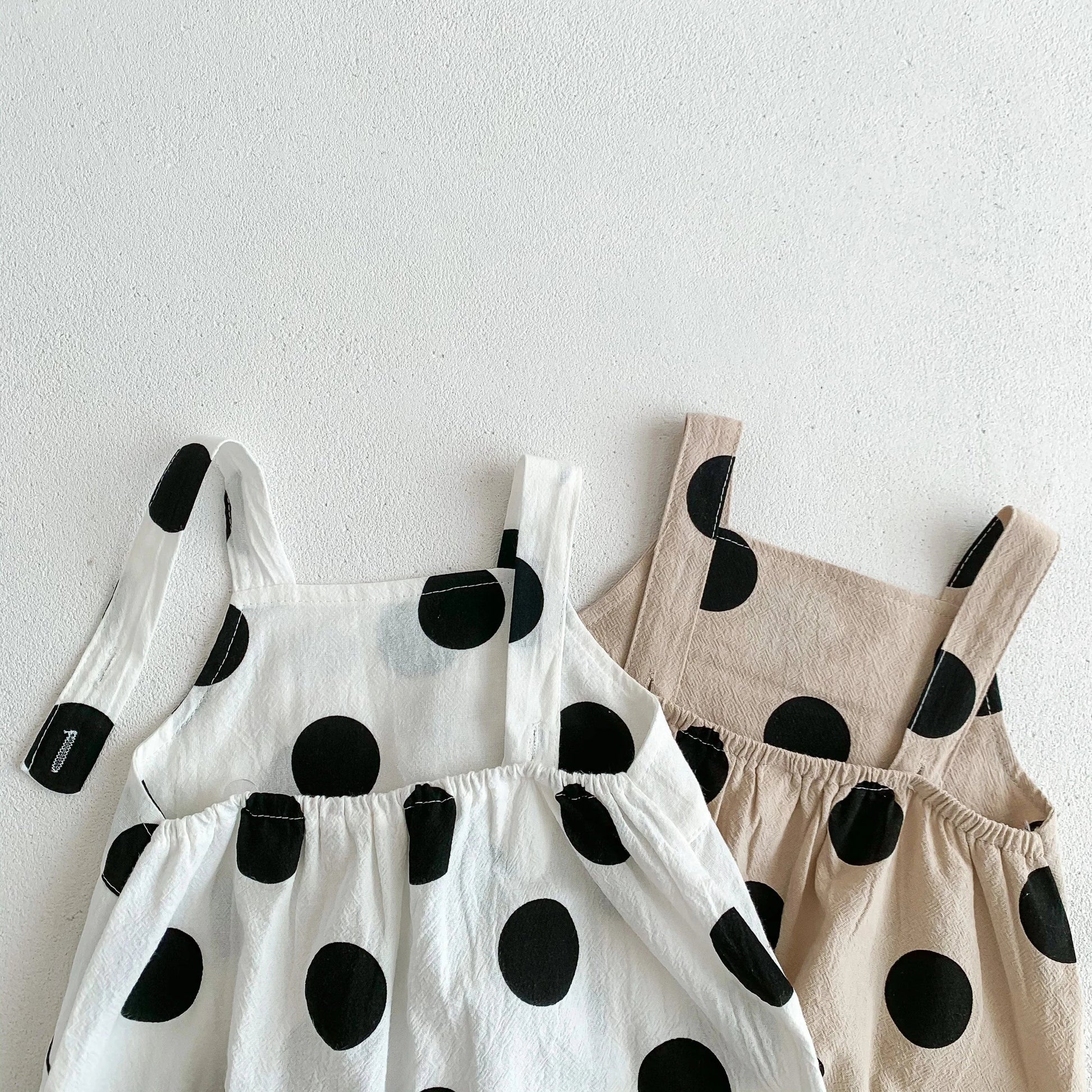 ノースリーブロンパース ベビーロンパース 帽子セット サスペンダーボディスーツ 水玉ポルカドットプリント サマーハットセット 2カラー【mh0006080】