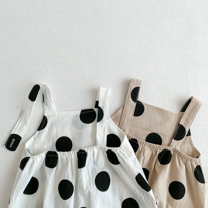 ノースリーブロンパース ベビーロンパース 帽子セット サスペンダーボディスーツ 水玉ポルカドットプリント サマーハットセット 2カラー【mh0006080】