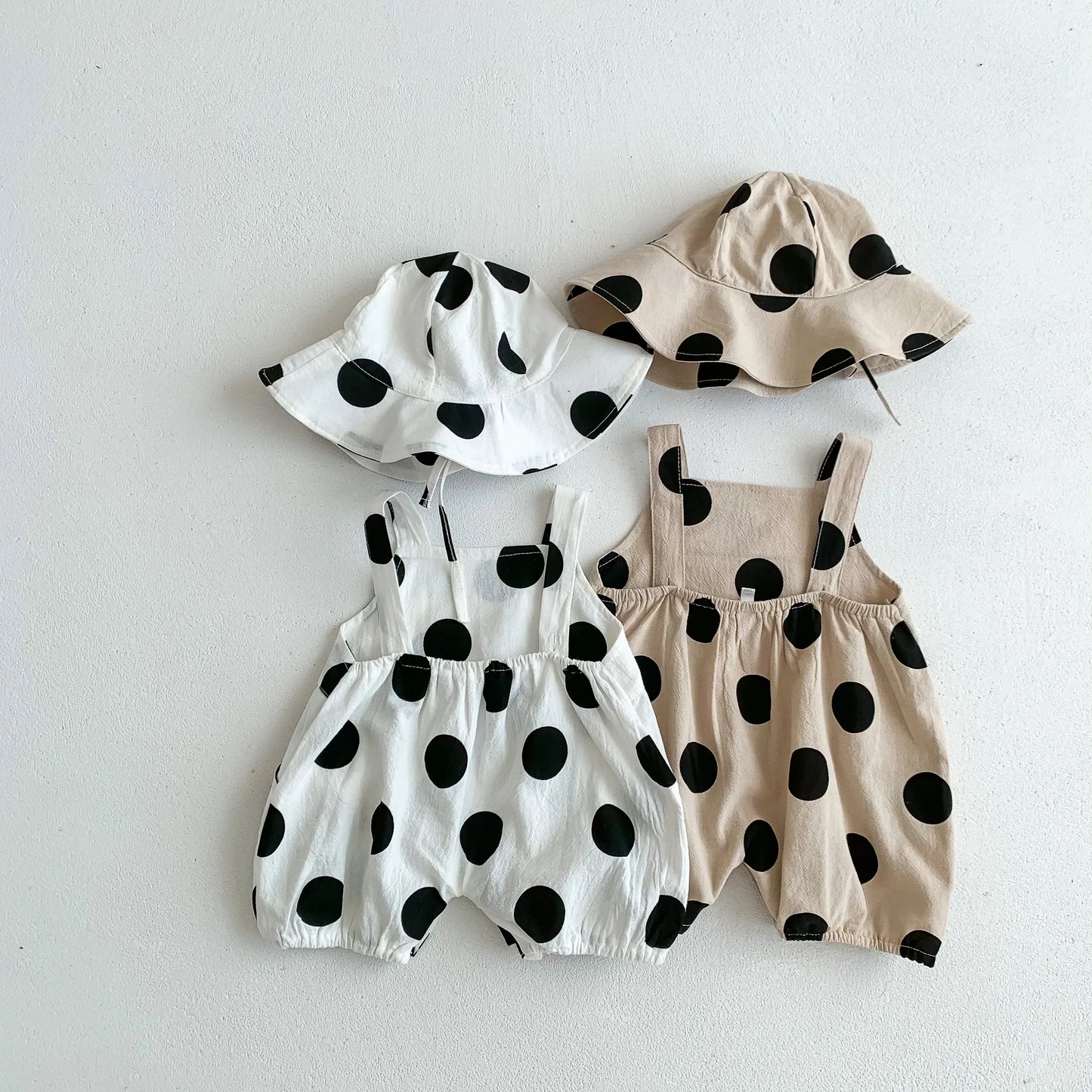 ノースリーブロンパース ベビーロンパース 帽子セット サスペンダーボディスーツ 水玉ポルカドットプリント サマーハットセット 2カラー【mh0006080】