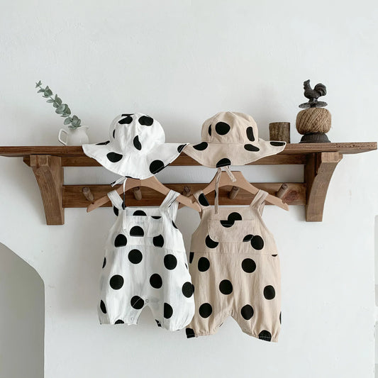 ノースリーブロンパース ベビーロンパース 帽子セット サスペンダーボディスーツ 水玉ポルカドットプリント サマーハットセット 2カラー【mh0006080】