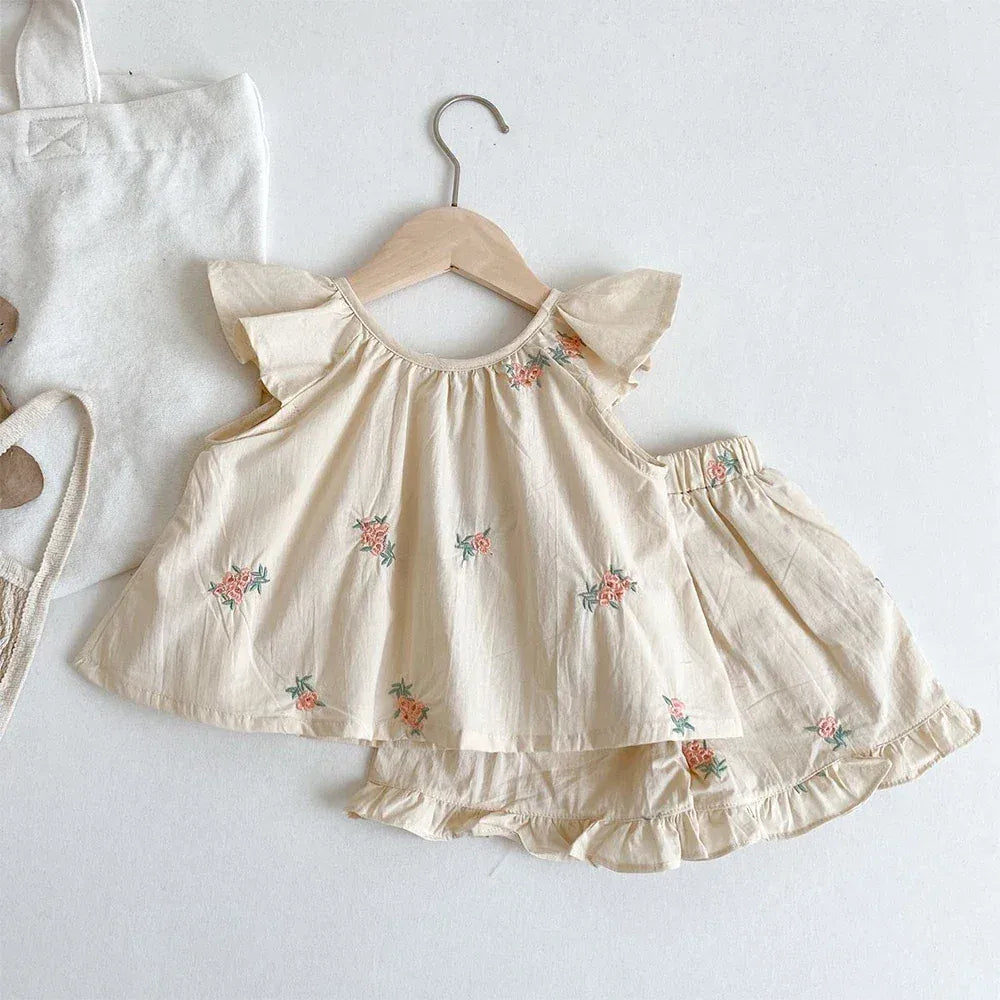 半袖セットアップ キッズセットアップ 2点セット キャップスリーブチュニックブラウス+フリルショートパンツ フラワー花柄刺繍【mh0006090】