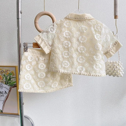半袖セットアップ キッズセットアップ 2点セット サマースーツ 半袖レースリボンジャケット+タイトミニスカート お出かけ ホワイト【mh0006105】