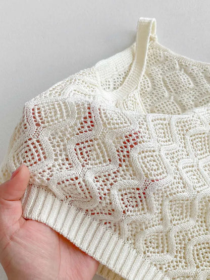 ノースリーブセットアップ キッズセットアップ 2点セット レースニット タンクトップベスト+ショートパンツ ベージュ【mh0006118】