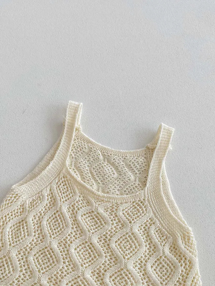 ノースリーブセットアップ キッズセットアップ 2点セット レースニット タンクトップベスト+ショートパンツ ベージュ【mh0006118】