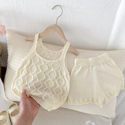 ノースリーブセットアップ キッズセットアップ 2点セット レースニット タンクトップベスト+ショートパンツ ベージュ【mh0006118】