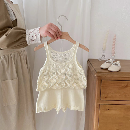 ノースリーブセットアップ キッズセットアップ 2点セット レースニット タンクトップベスト+ショートパンツ ベージュ【mh0006118】