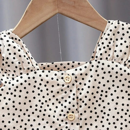 ノースリーブセットアップ キッズセットアップ 2点セット 水玉ドットプリントノースリーブブラウス+フリルショートパンツ【mh0006124】