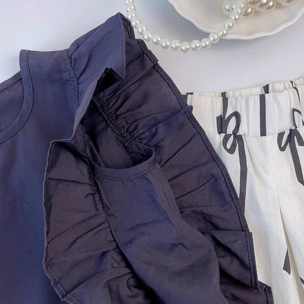 ノースリーブセットアップ キッズセットアップ 2点セット バタフライスリーブトップス+リボンプリントワイドルーズパンツ【mh0006129】