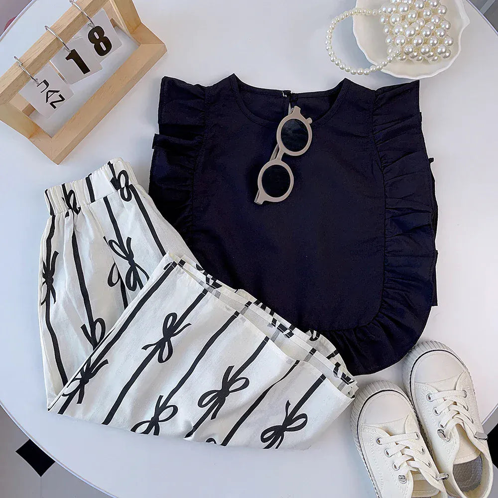 ノースリーブセットアップ キッズセットアップ 2点セット バタフライスリーブトップス+リボンプリントワイドルーズパンツ【mh0006129】