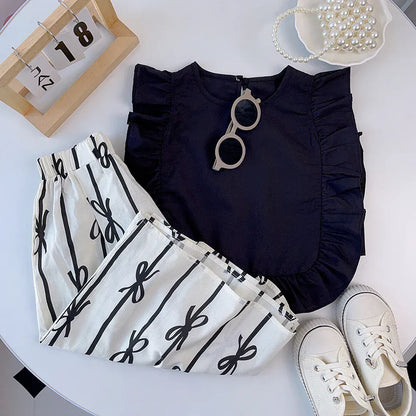 ノースリーブセットアップ キッズセットアップ 2点セット バタフライスリーブトップス+リボンプリントワイドルーズパンツ【mh0006129】