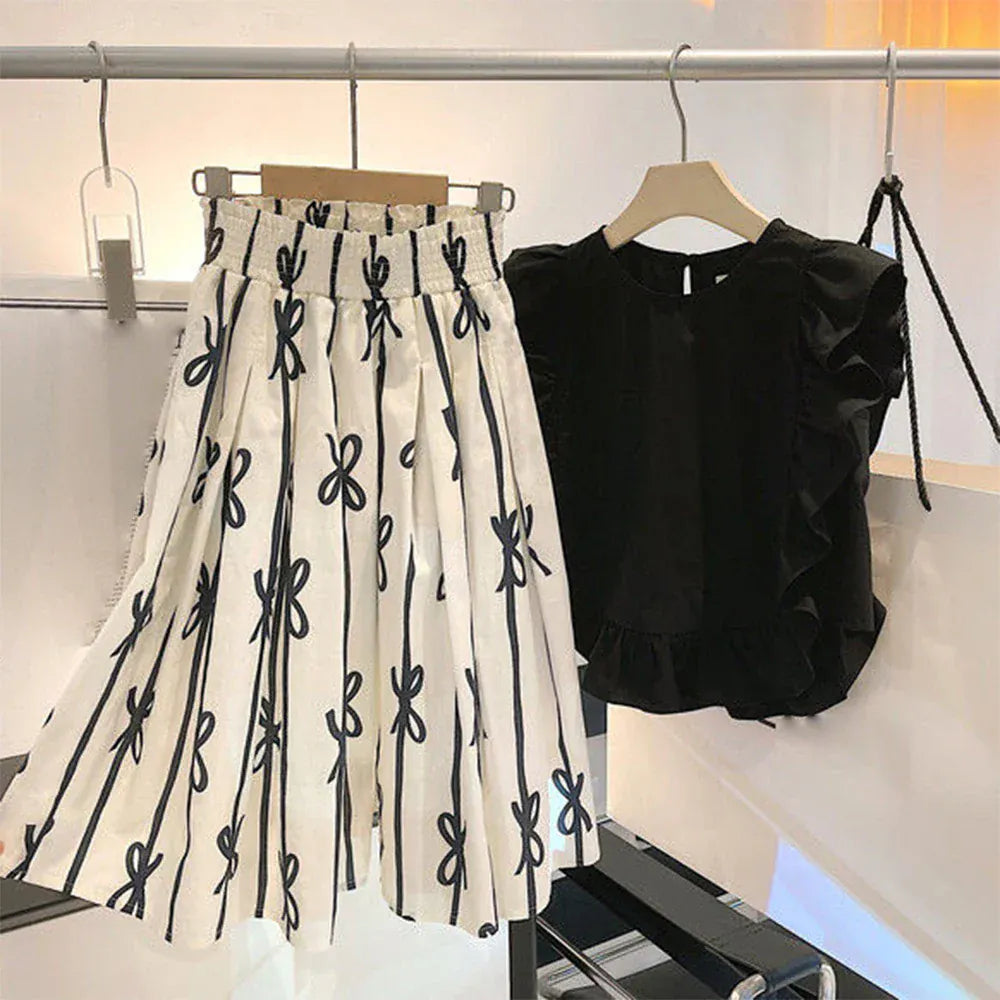 ノースリーブセットアップ キッズセットアップ 2点セット バタフライスリーブトップス+リボンプリントワイドルーズパンツ【mh0006129】