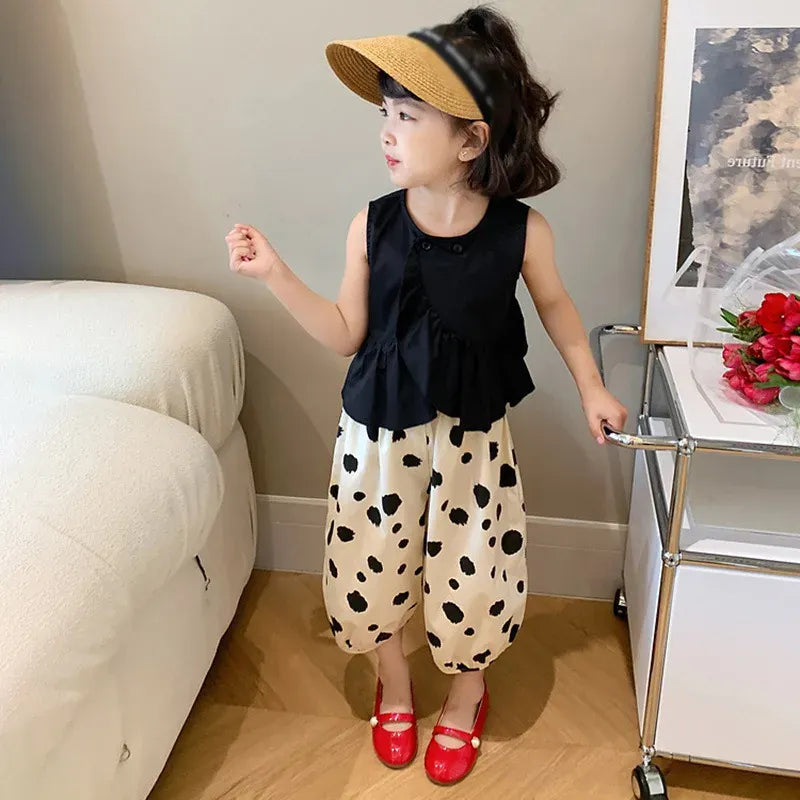 ノースリーブセットアップ キッズセットアップ 2点セット ノースリーブブラウス+クロップドパンツ チェック/水玉ドット【mh0006134】