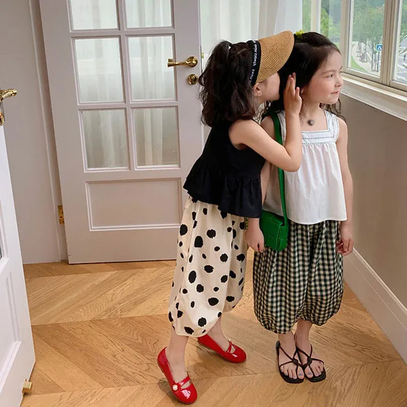 ノースリーブセットアップ キッズセットアップ 2点セット ノースリーブブラウス+クロップドパンツ チェック/水玉ドット【mh0006134】