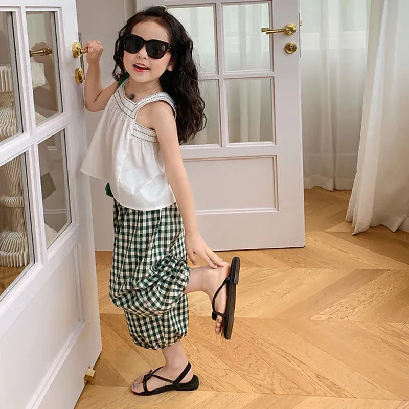 ノースリーブセットアップ キッズセットアップ 2点セット ノースリーブブラウス+クロップドパンツ チェック/水玉ドット【mh0006134】