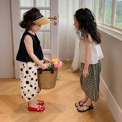 ノースリーブセットアップ キッズセットアップ 2点セット ノースリーブブラウス+クロップドパンツ チェック/水玉ドット【mh0006134】