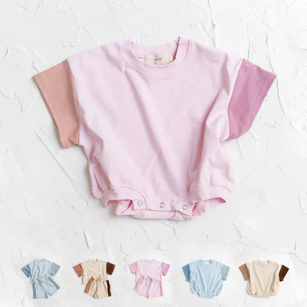 半袖ロンパース ベビーロンパース/キッズセットアップ 2点セット 半袖 パッチワーク リンクコーデ 兄弟姉妹 お揃いコーデ【mh0006135】