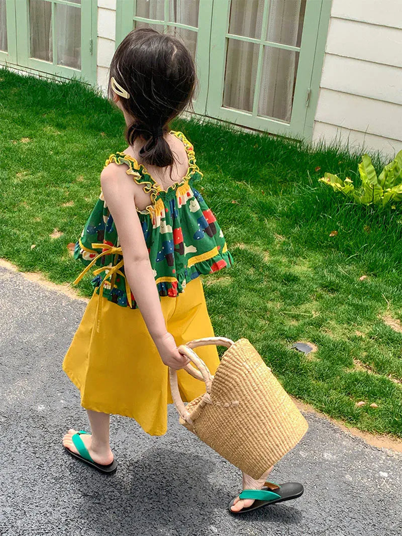 ノースリーブセットアップ キッズセットアップ 2点セット キャミソールチュニックブラウス+ワイドルーズガウチョパンツ メルヘンプリント【mh0006167】