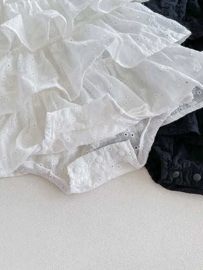 ノースリーブロンパース ベビーロンパース キャミソールボディスーツ 刺繍レース ティアードフリル 2カラー【mh0006187】