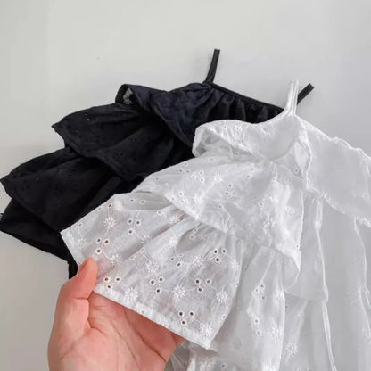 ノースリーブロンパース ベビーロンパース キャミソールボディスーツ 刺繍レース ティアードフリル 2カラー【mh0006187】