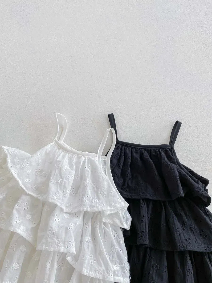 ノースリーブロンパース ベビーロンパース キャミソールボディスーツ 刺繍レース ティアードフリル 2カラー【mh0006187】