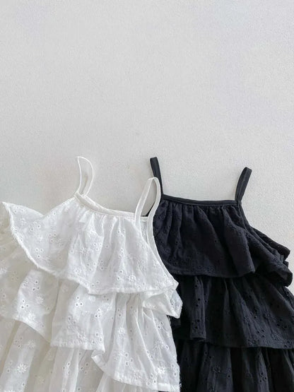 ノースリーブロンパース ベビーロンパース キャミソールボディスーツ 刺繍レース ティアードフリル 2カラー【mh0006187】