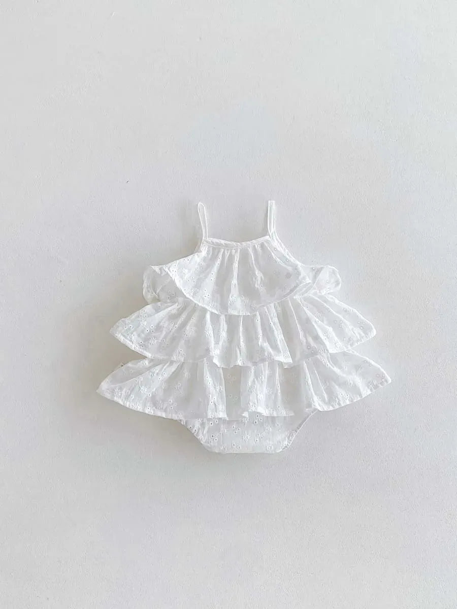 ノースリーブロンパース ベビーロンパース キャミソールボディスーツ 刺繍レース ティアードフリル 2カラー【mh0006187】