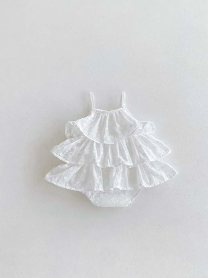 ノースリーブロンパース ベビーロンパース キャミソールボディスーツ 刺繍レース ティアードフリル 2カラー【mh0006187】