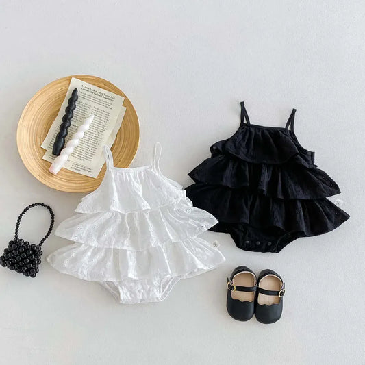 ノースリーブロンパース ベビーロンパース キャミソールボディスーツ 刺繍レース ティアードフリル 2カラー【mh0006187】