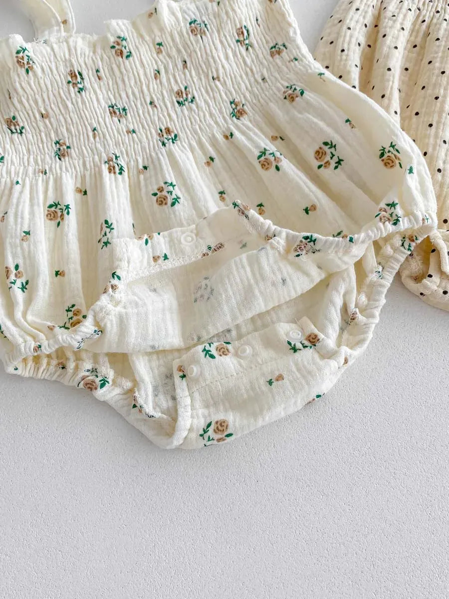 ノースリーブロンパース ベビーロンパース ヘアバンドセット キャミソールシャーリングボディスーツ リボンヘッドバンド フラワー花柄/水玉ドット 2カラー【mh0006195】