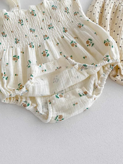 ノースリーブロンパース ベビーロンパース ヘアバンドセット キャミソールシャーリングボディスーツ リボンヘッドバンド フラワー花柄/水玉ドット 2カラー【mh0006195】