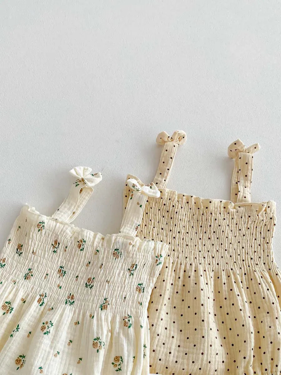 ノースリーブロンパース ベビーロンパース ヘアバンドセット キャミソールシャーリングボディスーツ リボンヘッドバンド フラワー花柄/水玉ドット 2カラー【mh0006195】