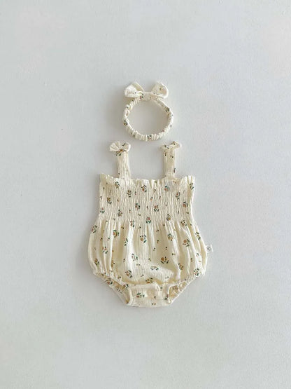 ノースリーブロンパース ベビーロンパース ヘアバンドセット キャミソールシャーリングボディスーツ リボンヘッドバンド フラワー花柄/水玉ドット 2カラー【mh0006195】