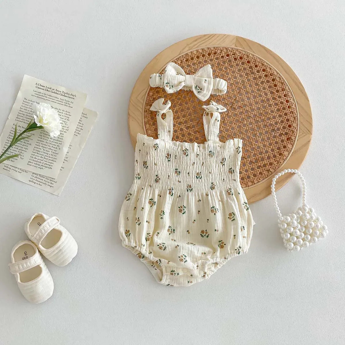 ノースリーブロンパース ベビーロンパース ヘアバンドセット キャミソールシャーリングボディスーツ リボンヘッドバンド フラワー花柄/水玉ドット 2カラー【mh0006195】