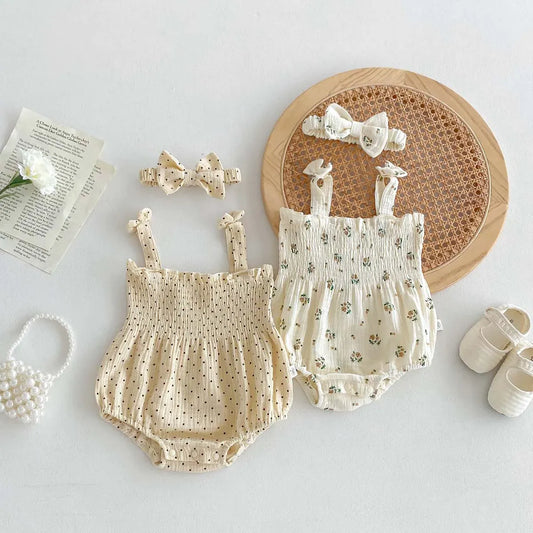 ノースリーブロンパース ベビーロンパース ヘアバンドセット キャミソールシャーリングボディスーツ リボンヘッドバンド フラワー花柄/水玉ドット 2カラー【mh0006195】