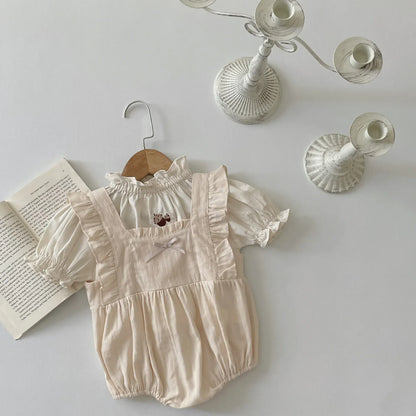 ノースリーブロンパース ベビーロンパース フリル ノースリーブ リボンボディスーツ 2カラー【mh0006297】