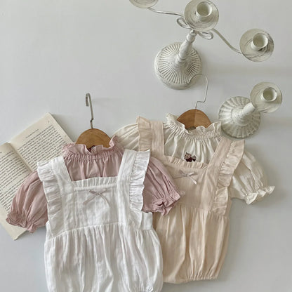 ノースリーブロンパース ベビーロンパース フリル ノースリーブ リボンボディスーツ 2カラー【mh0006297】