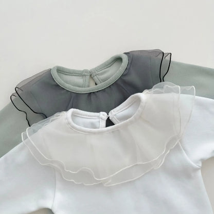 長袖ロンパース ベビーロンパース 長袖ボディスーツ フリルチュチュ襟 2カラー【mh0006348】