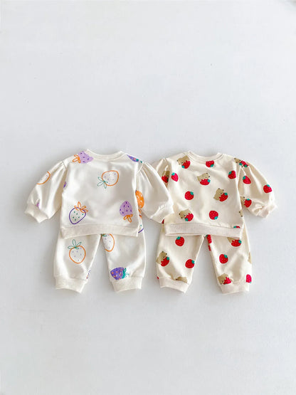 長袖セットアップ ベビーキッズセットアップ 2点セット 長袖スウェットシャツ+ロングパンツ いちごストロベリープリント【mh0006361】