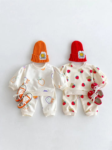 長袖セットアップ ベビーキッズセットアップ 2点セット 長袖スウェットシャツ+ロングパンツ いちごストロベリープリント【mh0006361】
