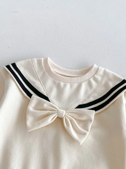 長袖セットアップ ベビーキッズセットアップ 2点セット セーラーリボン 長袖スウェットシャツ+スウェットパンツ アプリコット【mh0006369】