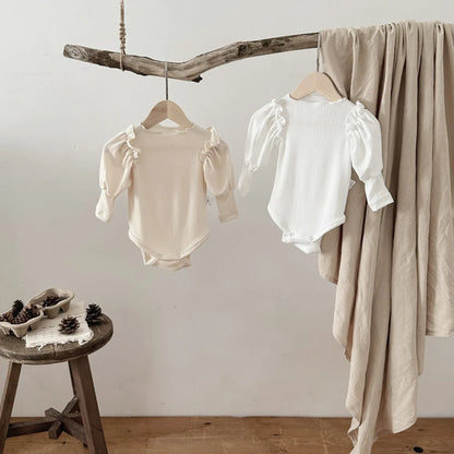 長袖ロンパース ベビーロンパース 長袖パフスリーブボディスーツ ショルダーフリル 2カラー【mh0006393】