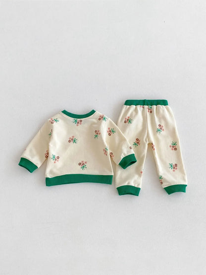 長袖セットアップ ベビーキッズセットアップ 2点セット スウェットシャツ+ロングパンツ レトロバイピング フラワープリント【mh0006438】