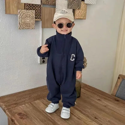 長袖ジャンプスーツ ベビージャンプスーツ 長袖つなぎ 襟付き ジップアップ レターロゴ 2カラー【mh0006447】